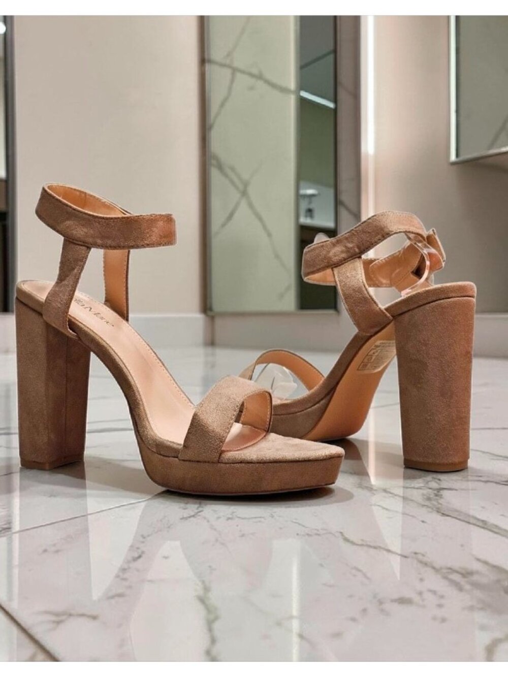 Taupe Faux Suede Block Heel Platform Sandals With Ankle Strap For Women